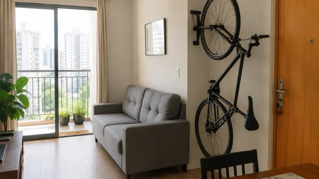 Suporte de parede com bicicleta pendurada na sala de apartamento pequeno, perto da porta de entrada