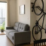Suporte de parede com bicicleta pendurada na sala de apartamento pequeno, perto da porta de entrada
