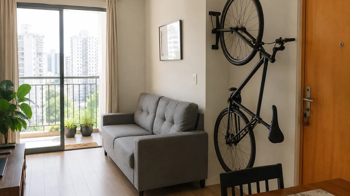 Suporte de parede com bicicleta pendurada na sala de apartamento pequeno, perto da porta de entrada