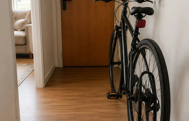 suporte de chão vertical com bicicleta no corredor de apartamento pequeno