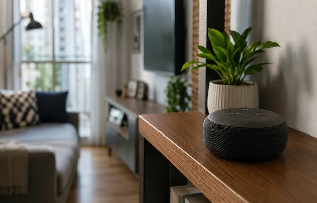 Smart speaker sobre estante de sala em apartamento pequeno brasileiro