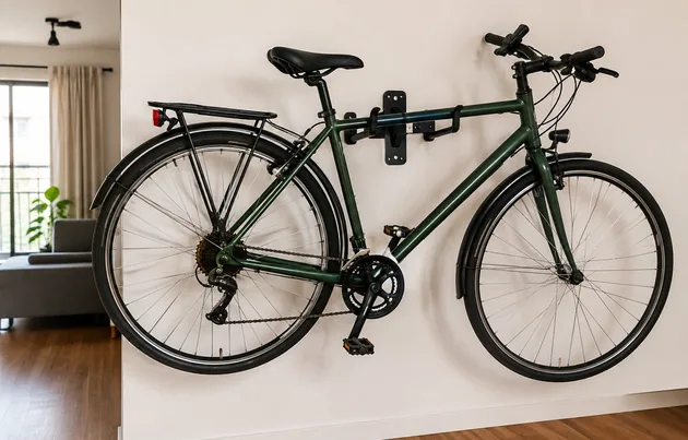 suporte de parede com bicicleta pendurada em sala de apartamento pequeno