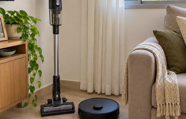 Aspirador vertical e robô aspirador lado a lado na sala de uma casa pequena