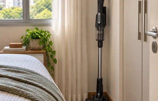 Aspirador vertical guardado no canto de um apê de um dormitório