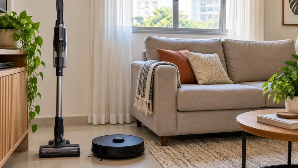 Aspirador vertical e robô aspirador lado a lado na sala de uma casa pequena