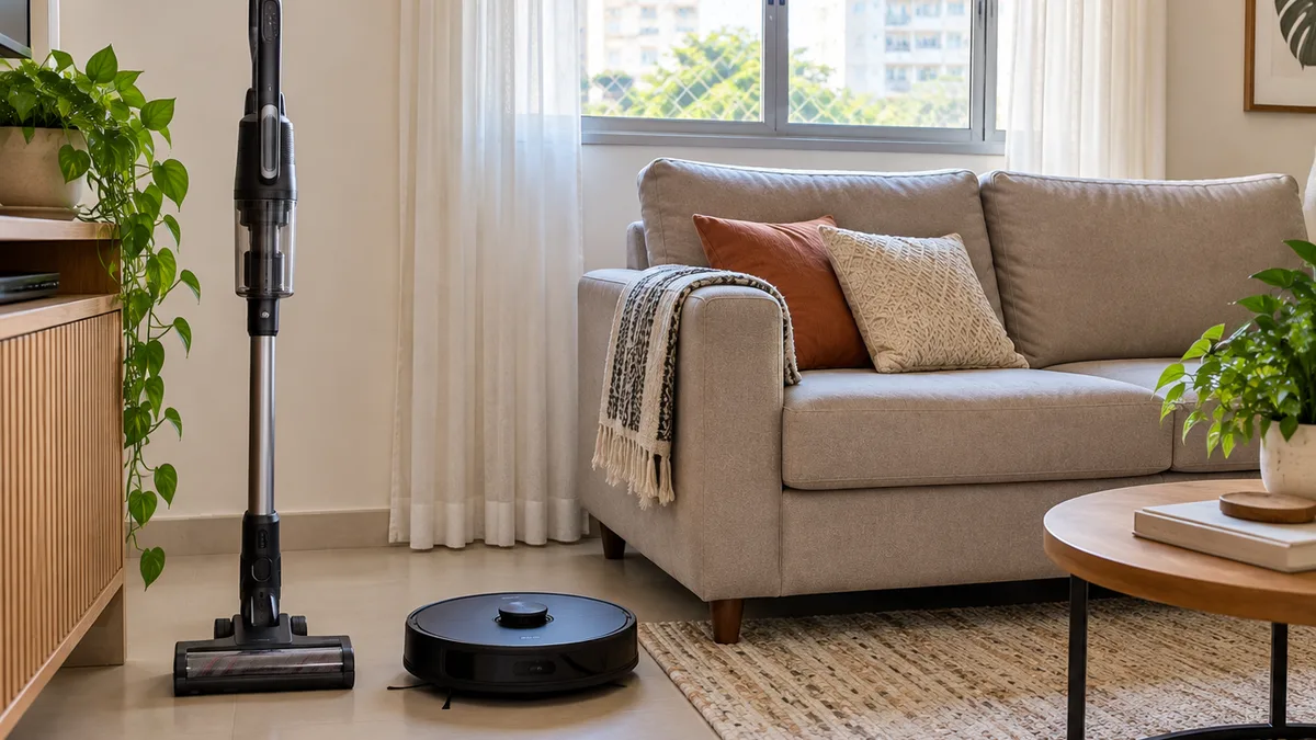 Aspirador vertical e robô aspirador lado a lado na sala de uma casa pequena