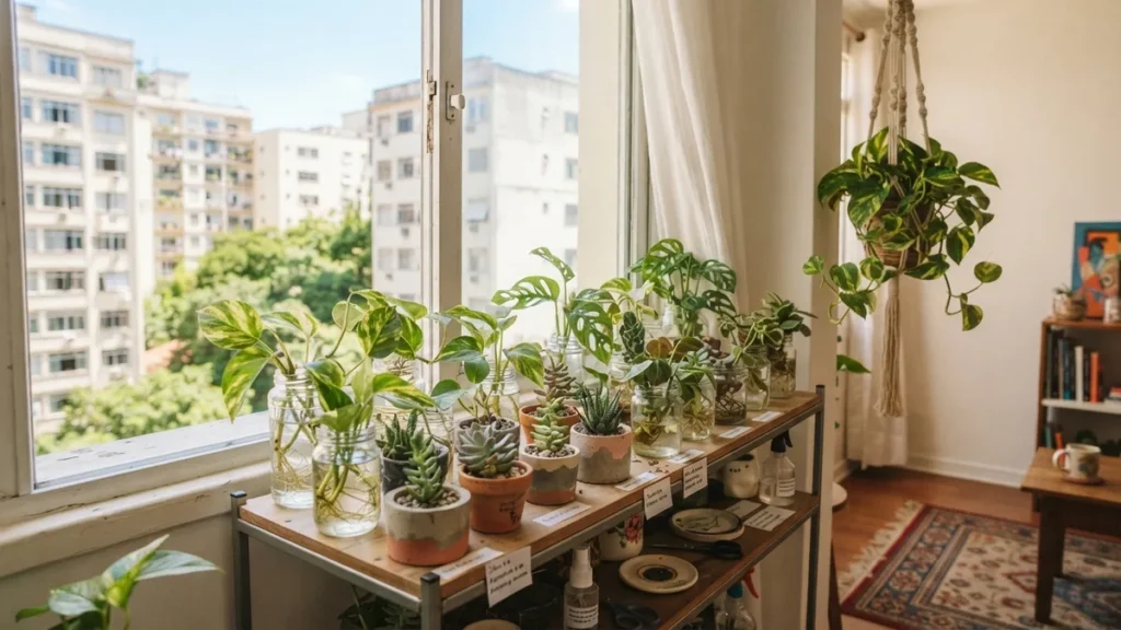 Mudas de plantas propagando em vidros de água numa prateleira de apartamento