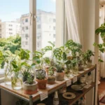 Mudas de plantas propagando em vidros de água numa prateleira de apartamento