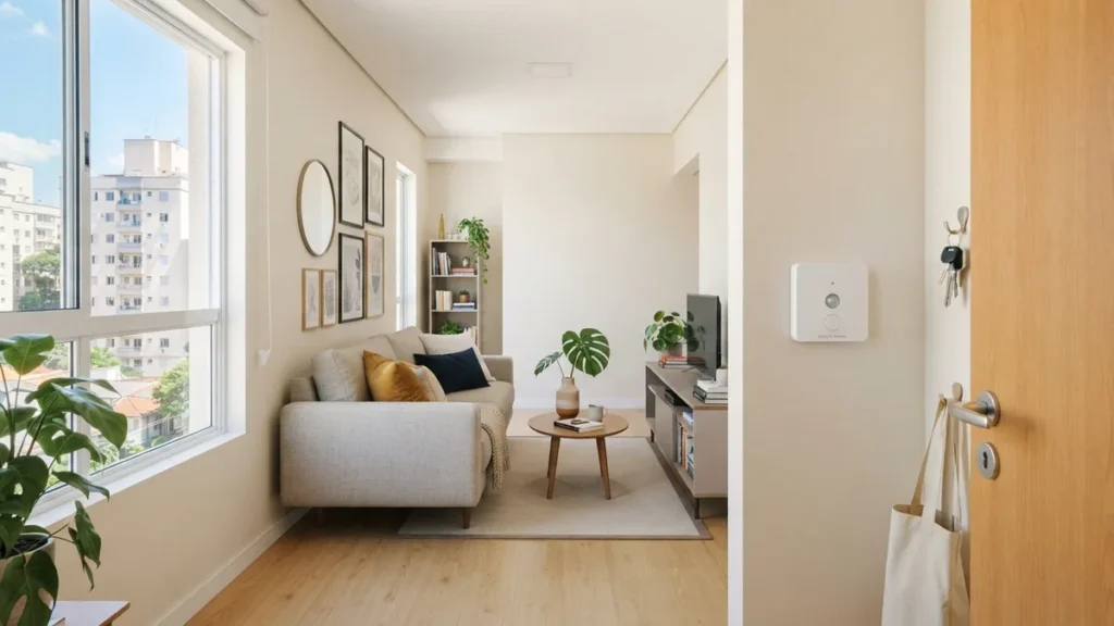 Sensor de presença instalado na parede da sala de um apartamento pequeno