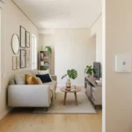 Sensor de presença instalado na parede da sala de um apartamento pequeno