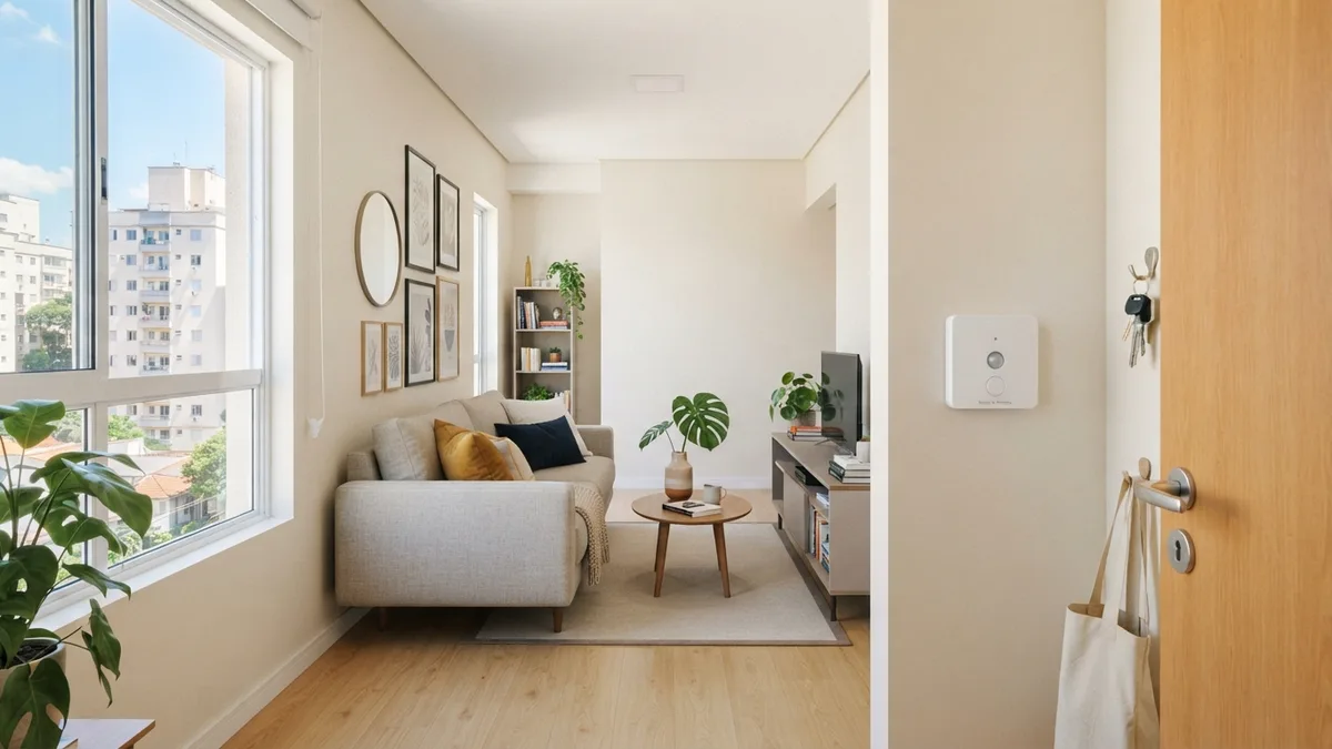 Sensor de presença instalado na parede da sala de um apartamento pequeno