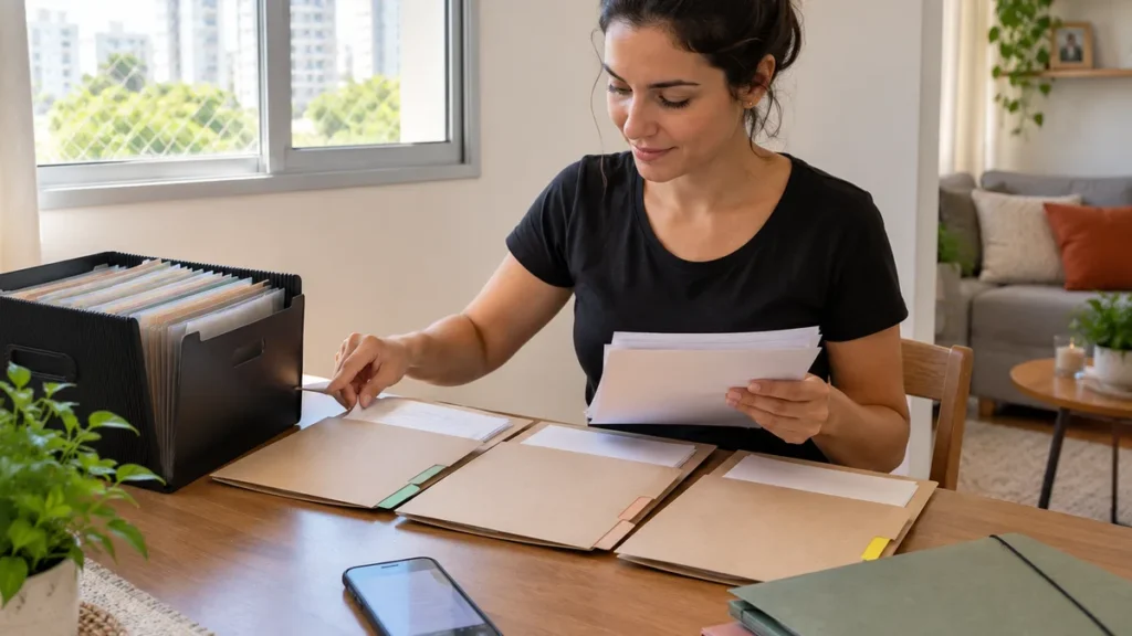 Pessoa separando documentos em pastas de papelão numa mesa perto da janela, num apartamento pequeno