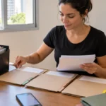 Pessoa separando documentos em pastas de papelão numa mesa perto da janela, num apartamento pequeno