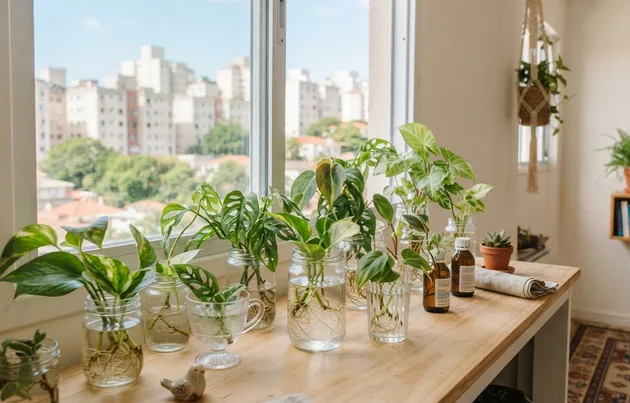 mudas de plantas enraizando em copos de vidro com água na janela de um apartamento