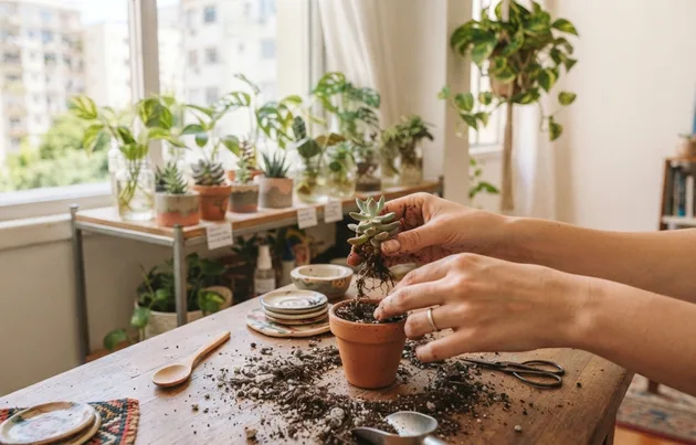 muda de suculenta enraizada sendo transplantada para vaso pequeno em apartamento