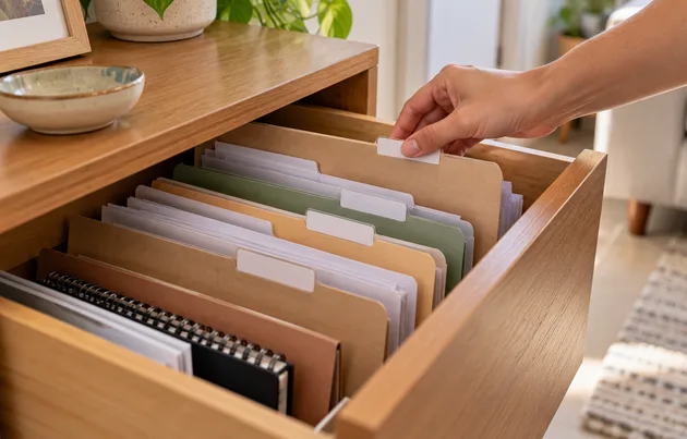 Pastas de documentos etiquetadas por categoria dentro de uma gaveta em apartamento pequeno