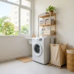 Lavanderia pequena de apartamento com máquina de lavar, cesto dobrável de tecido e cesto de vime ao lado