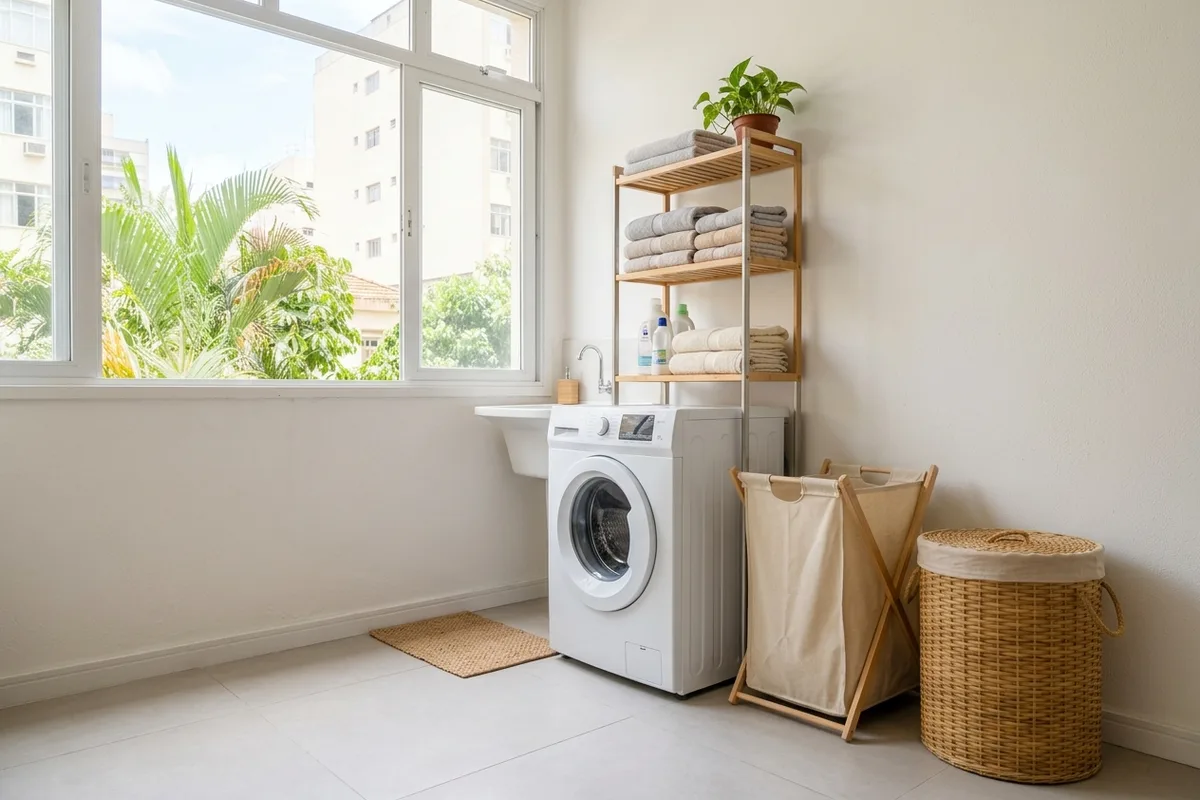 Lavanderia pequena de apartamento com máquina de lavar, cesto dobrável de tecido e cesto de vime ao lado