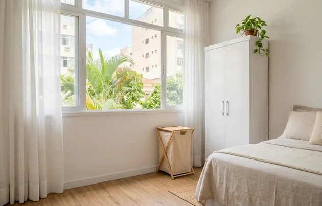 Cesto de roupa suja dobrável de tecido no canto de um quarto de apartamento pequeno