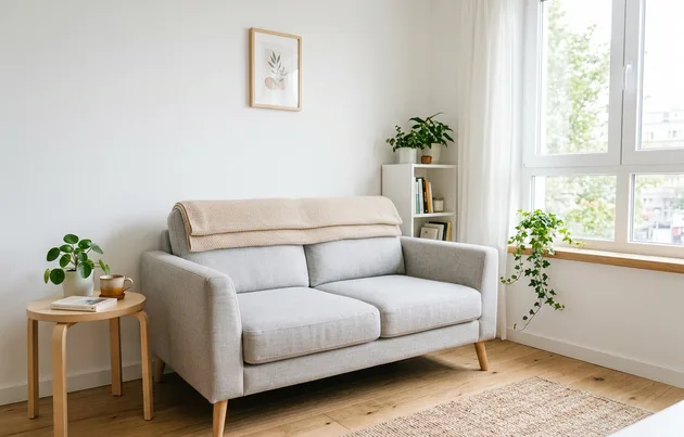 Manta para sofá bege dobrada no encosto de um sofá cinza em sala de apartamento pequeno